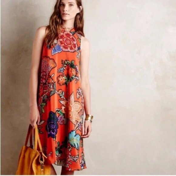Anthropologie x Maeve Larkhill Mockneck Women Orange Floral Sleeveless Dress - Picture 2 of 9